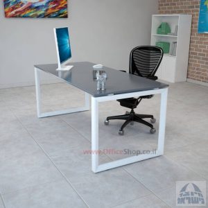 שולחן כתיבה זכוכית אפורה דגם Diamond רגל לבנה