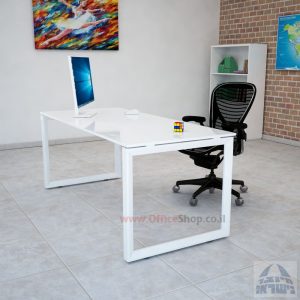 שולחן כתיבה זכוכית אקסטרה קליר בצבע לבן שלג דגם Diamond רגל לבנה