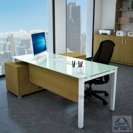 שולחן מנהלים פינתי Rotem Glass רגל כסופה + זכוכית אפורה