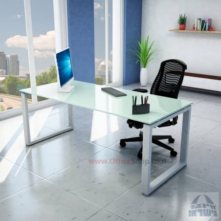 שולחן כתיבה זכוכית אפורה דגם Window Glass רגל לבנה