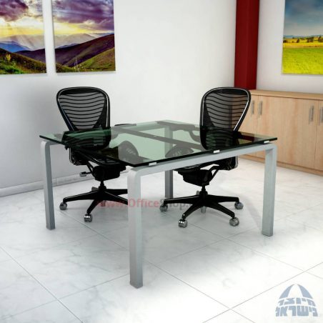שולחן ישיבות מרובע דגם Moro Glass רגל לבנה זכוכית אפורה